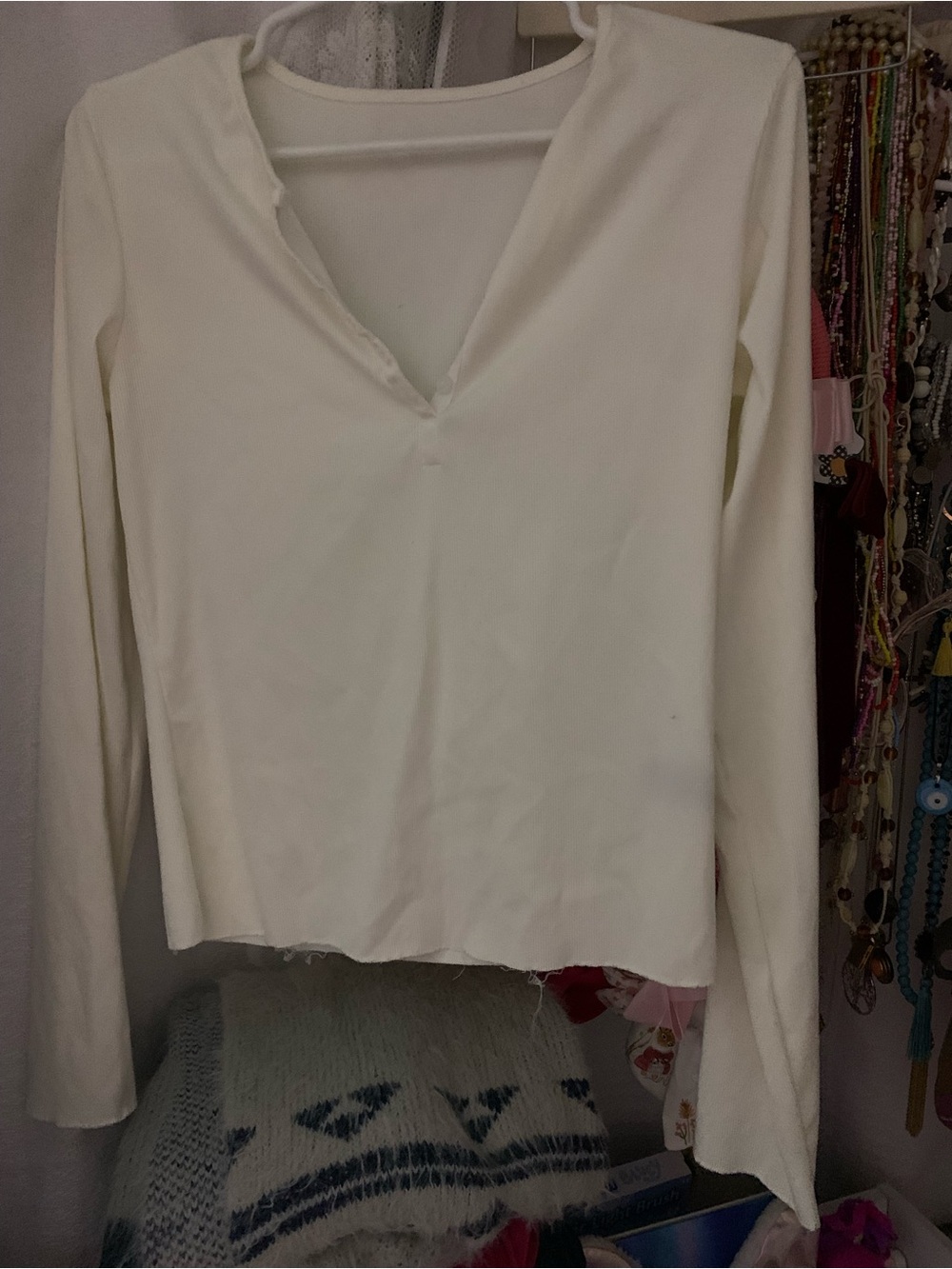 SHEIN Cream Long-Sleeve V-Neck Top
